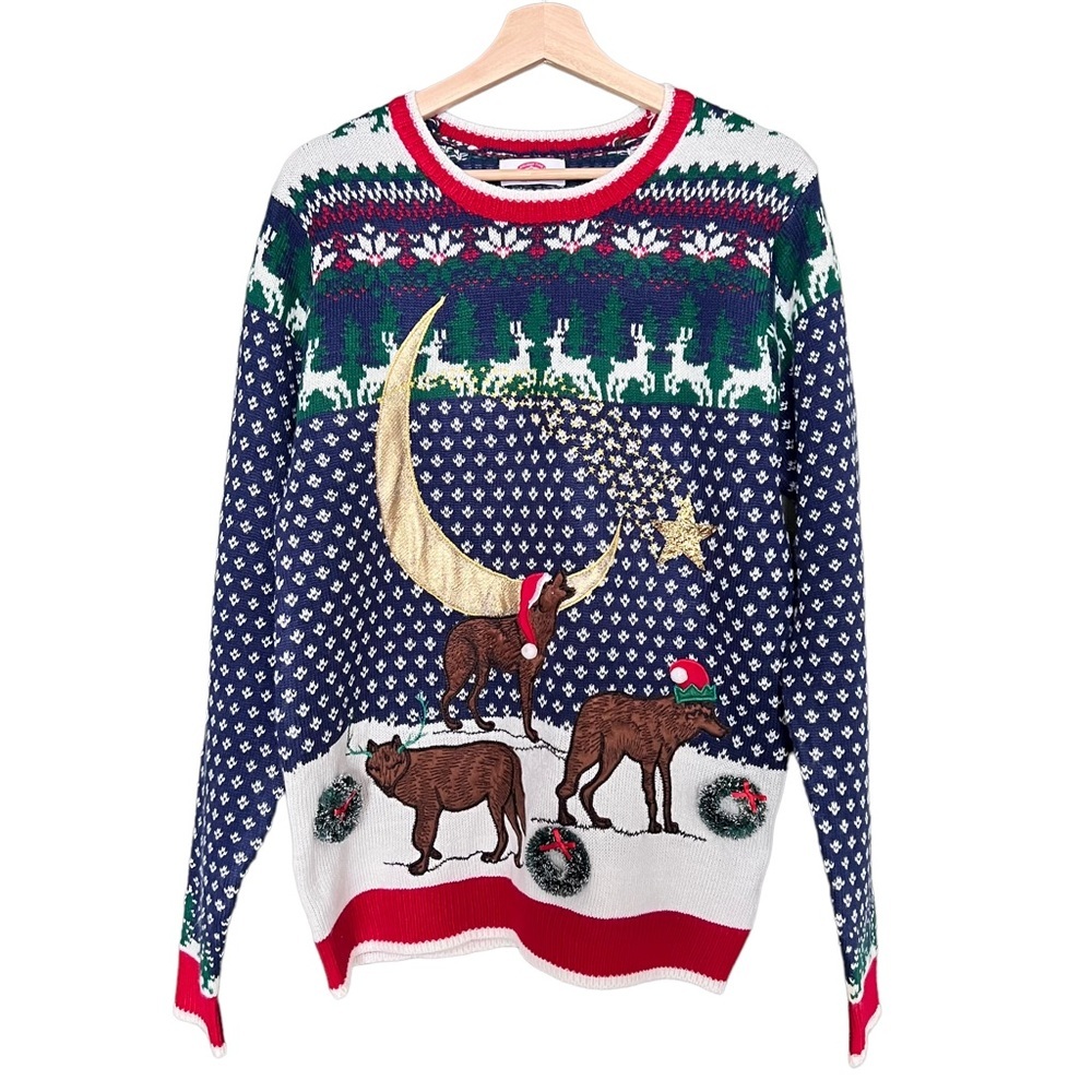 Holiday Time Men’s Ugly Christmas Sweater Howl At the Moon Winter Wolf Themed